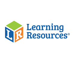 Logotipo da marca Learning Resources com cubo colorido e texto azul