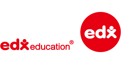 Logótipos da marca edX com texto 'edx education' e círculo vermelho com 'edx' branco.