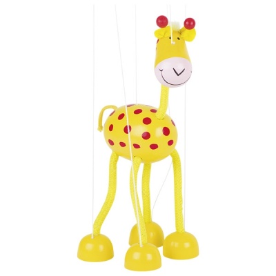 Marioneta de girafa amarela com manchas vermelhas e corda para movimentação
