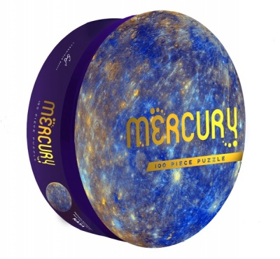 Caixa oval de puzzle 100 peças com imagem do planeta Mercúrio em tons azuis e dourados