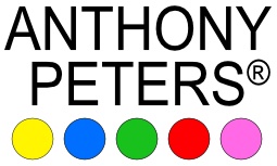 Texto ANTHONY PETERS® com círculos coloridos