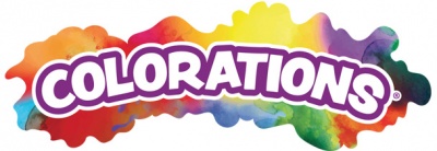 Logótipo COLORATIONS com manchas de tinta coloridas ao fundo