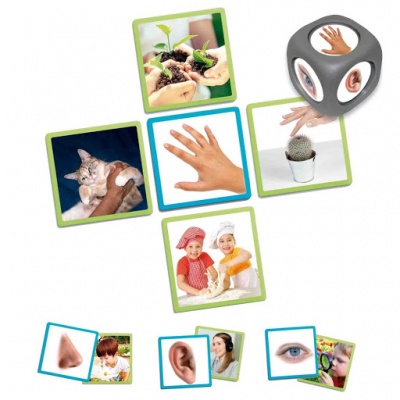 Dado e imagens com temas de mãos, sentidos e crianças