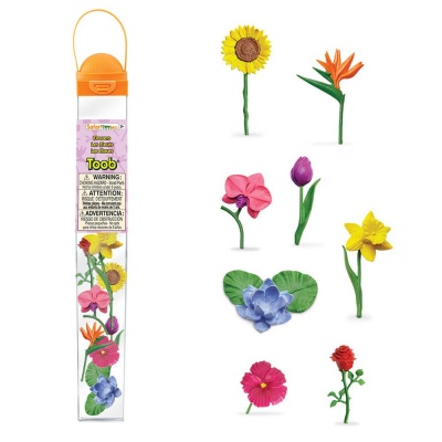 Miniaturas de flores coloridas em tubo plástico transparente com tampa laranja