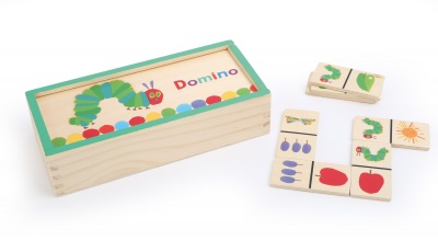 Jogo de dominó de madeira com caixa decorada e peças desenhadas com frutas e objetos coloridos