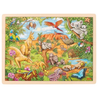 Puzzle de madeira colorido com animais australianos e natureza