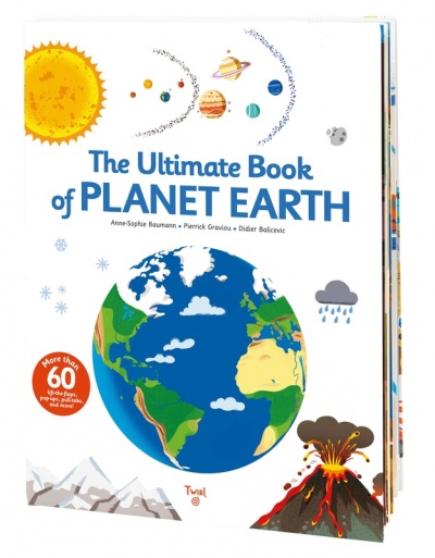 Capa do livro The Ultimate Book of Planet Earth com ilustrações do planeta Terra e elementos naturais.