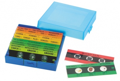 Conjunto de slides de microscópio com etiquetas coloridas numa caixa azul