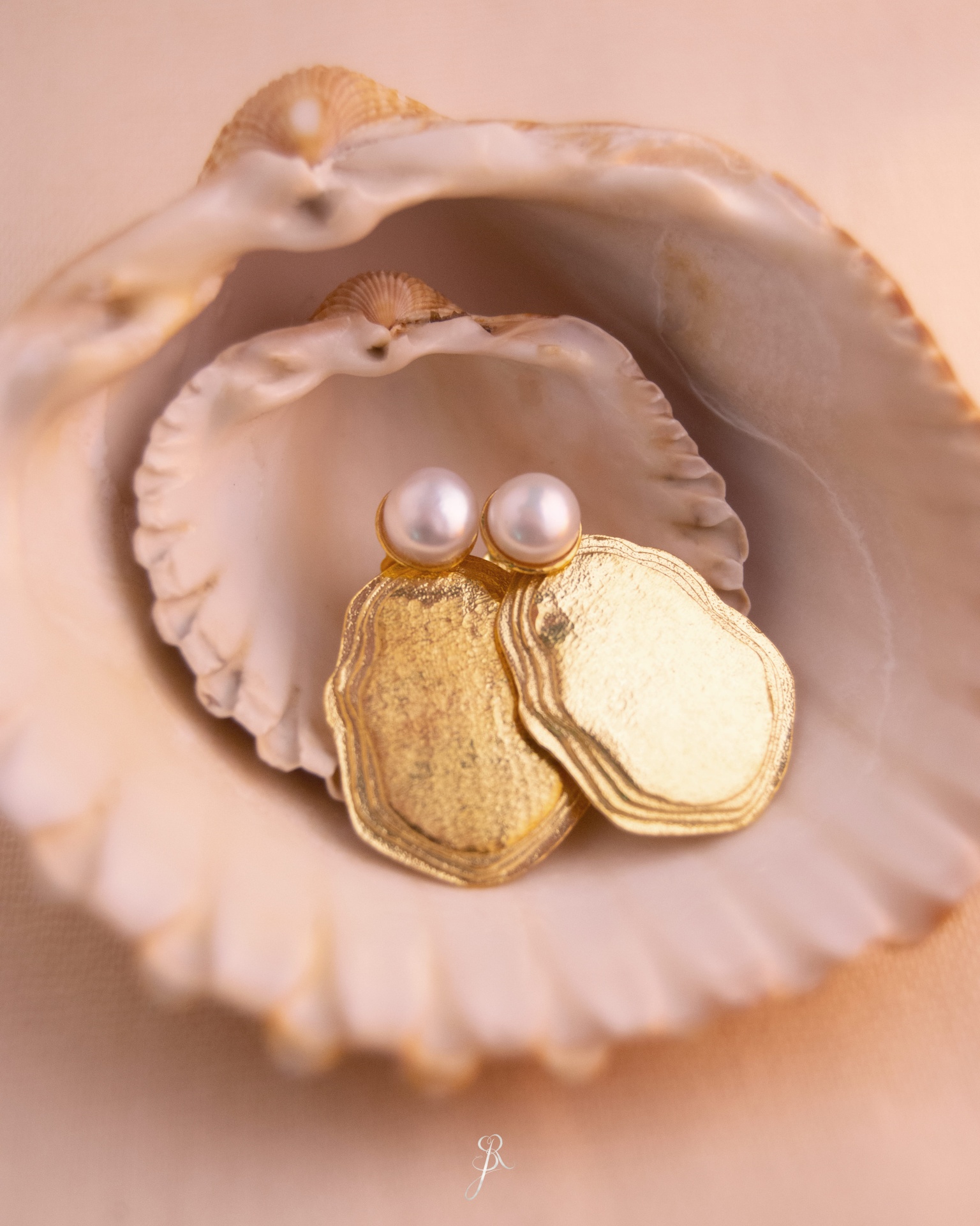 Brincos com Pérolas Naturais Brincos dourados com pérolas dentro de conchas naturais claras