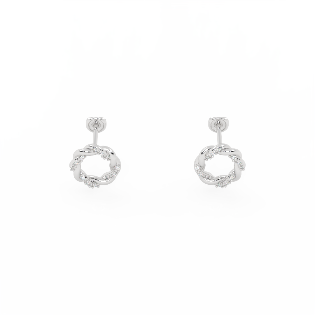 Brincos Corda com Zircónias Brincos circulares prateados com textura de nós em fundo branco