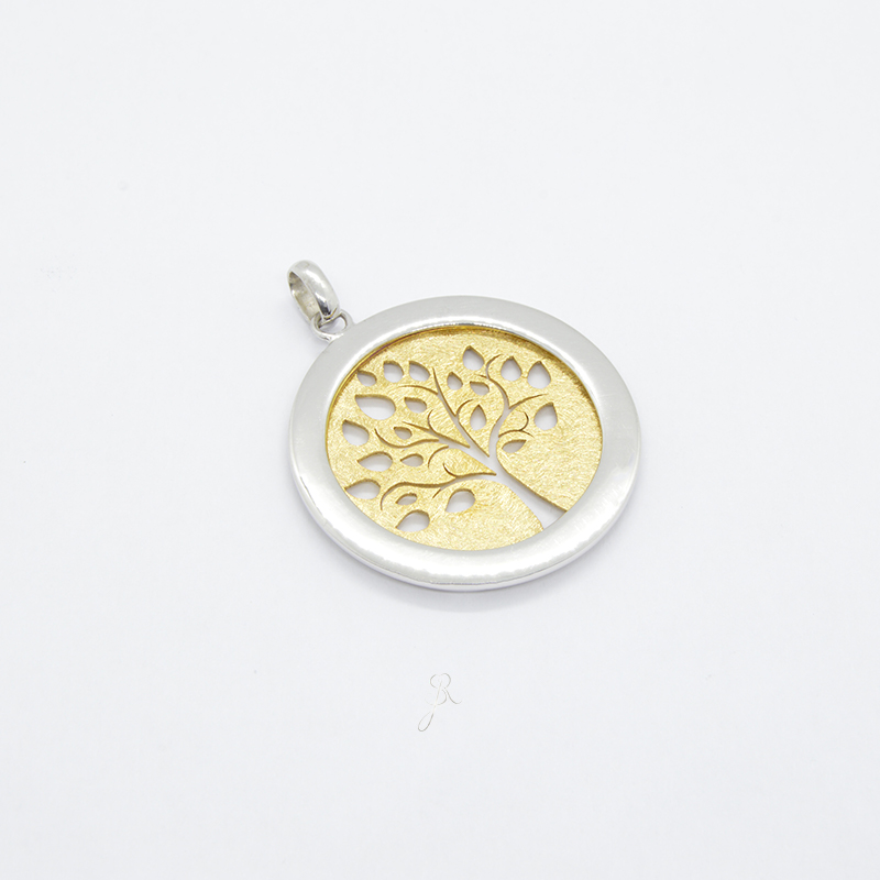 Medalha Bicolor da Árvore da Vida Pingente redondo prata com árvore da vida dourada