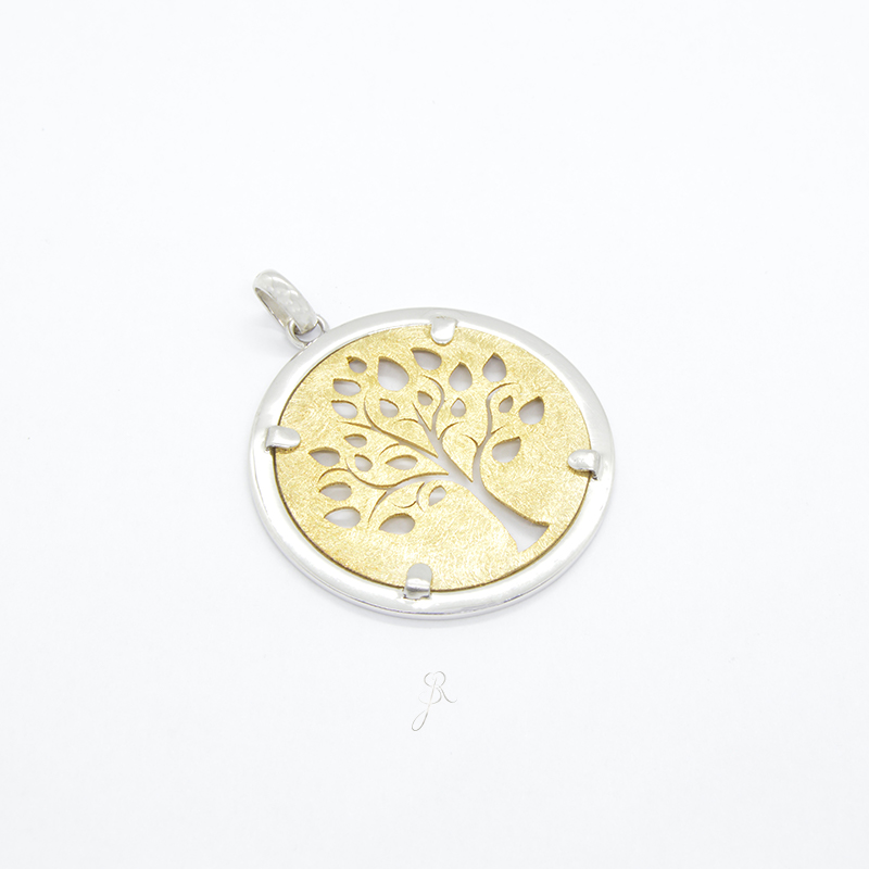 Medalha Bicolor da Árvore da Vida Pendente redondo prateado com árvore dourada recortada
