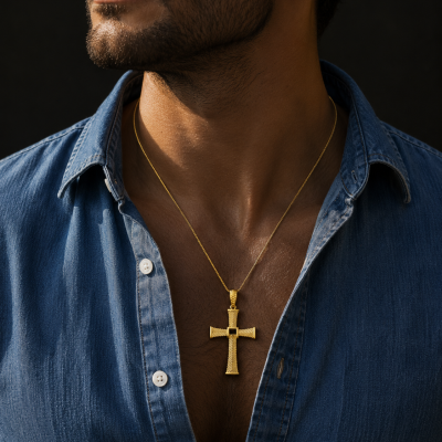 Colar dourado cruz usado por homem com camisa de ganga azul