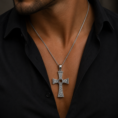 Colar masculino com pendente em forma de cruz prateada