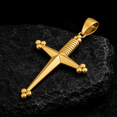 Pendente dourado em forma de espada sobre superfície preta rugosa
