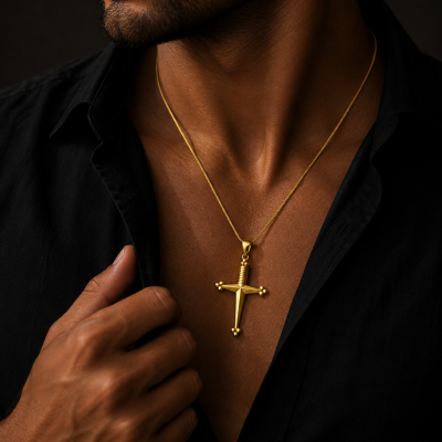 Colar dourado com pendente em forma de espada cruzada no pescoço de uma pessoa