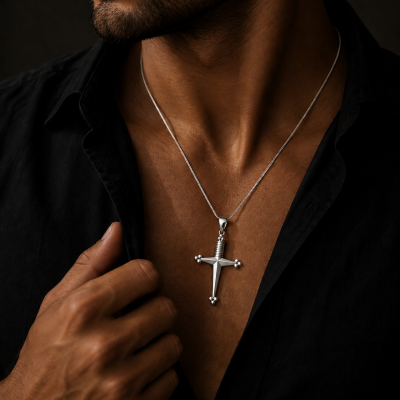 Colar masculino com pendente em cruz prateada e camisa preta