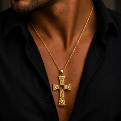 Colar masculino dourado com pendente de cruz texturizada sobre camisa preta aberta