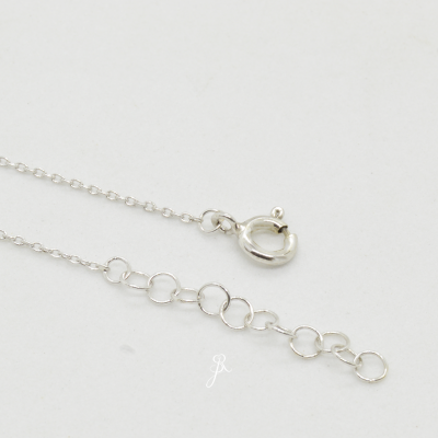 Corrente de metal prateado com elos redondos e fecho de mola oval sobre fundo branco