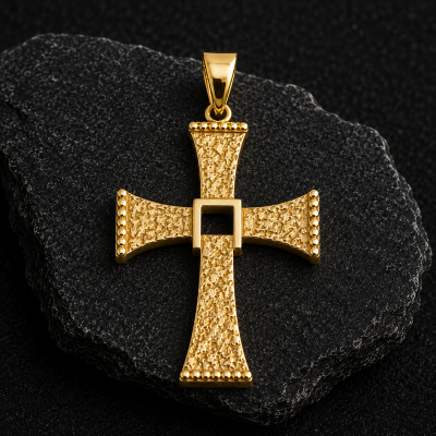 Pendente dourado em forma de cruz com textura granulado