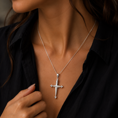 Colar com pendente de cruz prateada em mulher com camisa preta