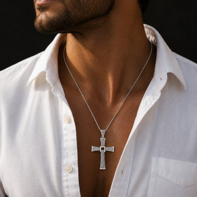 Colar prata com pingente cruz geométrica no peito de homem de camisa branca.