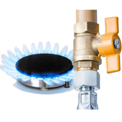 Queimador de gás com chama azul e válvula metálica dourada com manípulo laranja.