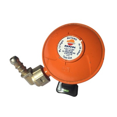 Regulador de gás butano Repsol laranja com etiqueta branca