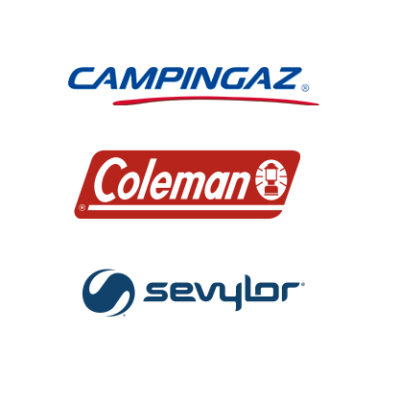 Logótipos das marcas CAMPINGAZ, Coleman e Sevylor em fundo branco.