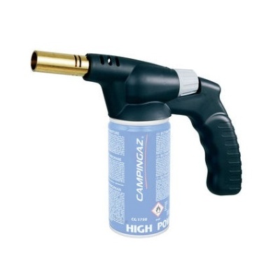 maçarico portátil preto e dourado com cilindro azul CAMPINGAZ