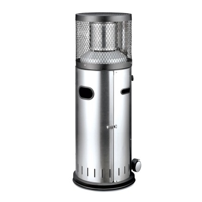 Aparelho de aquecimento exterior metálico prateado cilíndrico com proteção de malha e rodas