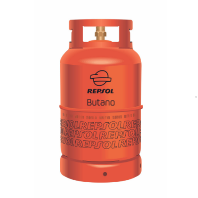 Botija de gás butano laranja da marca REPSOL com texto preto