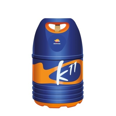Garrafão de gás azul e laranja com rotulagem k11 e logo Repsol