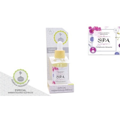 Ambientador elétrico SPA em frasco de vidro com tampa de madeira e embalagem branca com detalhes roxos