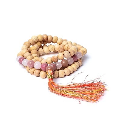 Colar mala com contas de madeira e pedra rosa com tassel colorido
