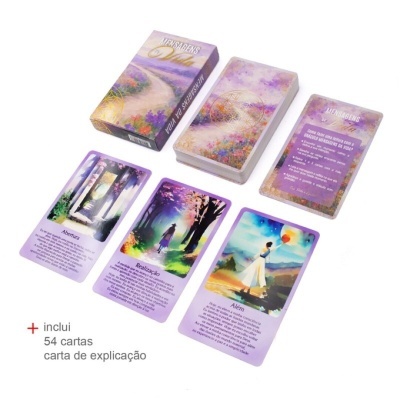 Cartas oráculo Mensagens da Vida com caixa roxa e dourada e cartas ilustradas