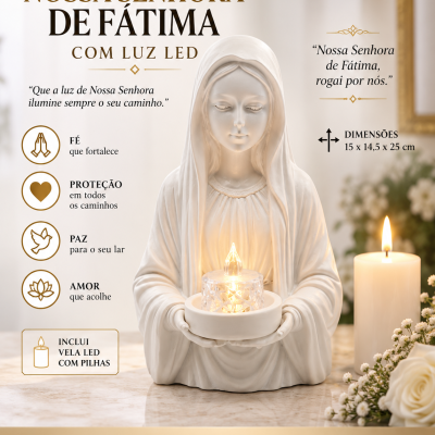 Estátua branca de Nossa Senhora de Fátima com vela LED iluminada nas mãos sobre uma superfície bege com vela real acesa e flores ao fundo