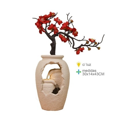 Fonte decorativa em cerâmica com flores vermelhas e texto de medidas