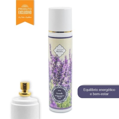 Spray de lavanda Natural Mystic com tampa branca e pulverizador dourado, selo Produto Exclusivo e texto Equilíbrio energético e bem-estar.