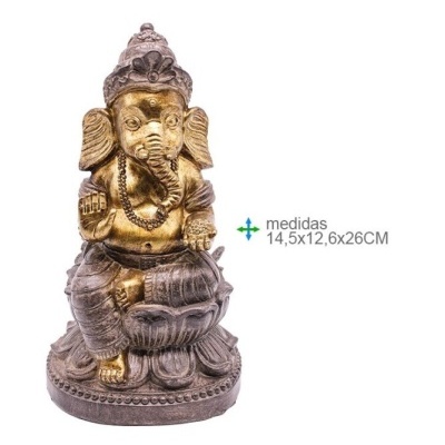 Estátua de Ganesha em metal dourado com base detalhada e texto de medidas