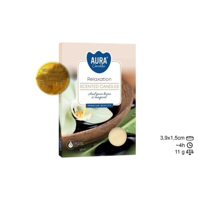 Caixa de velas aromáticas Aura Candles Relaxation com selo de prémio e flor branca