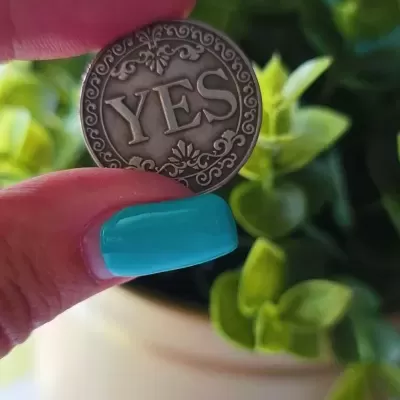 Moeda YES segurada entre dedos com unhas azuis, planta e vaso ao fundo