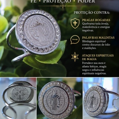 Anel de São Bento em prata com cristais, destaque promocional e texto em português sobre proteção e poder.