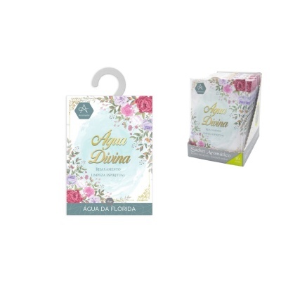 Sachet aromático Água Divina em embalagem decorada com flores e exposição de 16 unidades