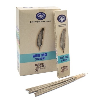 Incenso em pau com embalagem de cartão reciclado com texto White Sage Cleansing