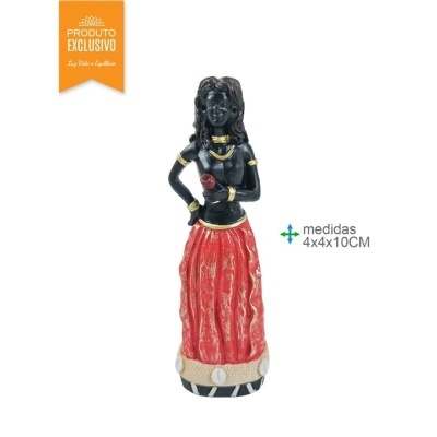 Estátua decorativa de mulher com saia vermelha e acessórios dourados