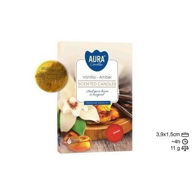 Embalagem de vela aromática Aura Candles Vanilla - Amber com selo dourado e imagem de baunilha e âmbar.