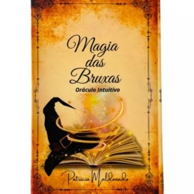 Capa de livro com ilustração de chapéu de bruxa, livro aberto e texto 