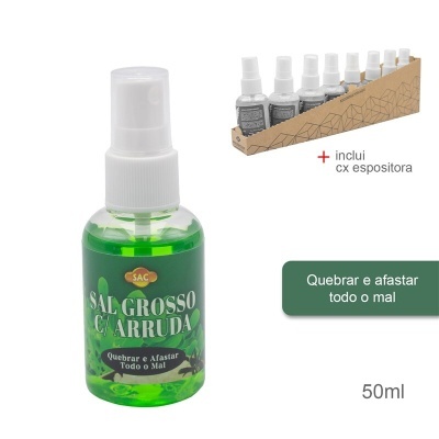 Frasco spray verde com rótulo Sal Grosso c/ Arruda e caixa expositor