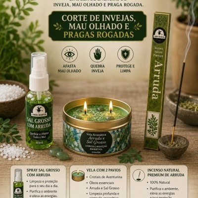 Kit de sal grosso com arruda, vela aromática e incenso natural com embalagens verdes e texto em português